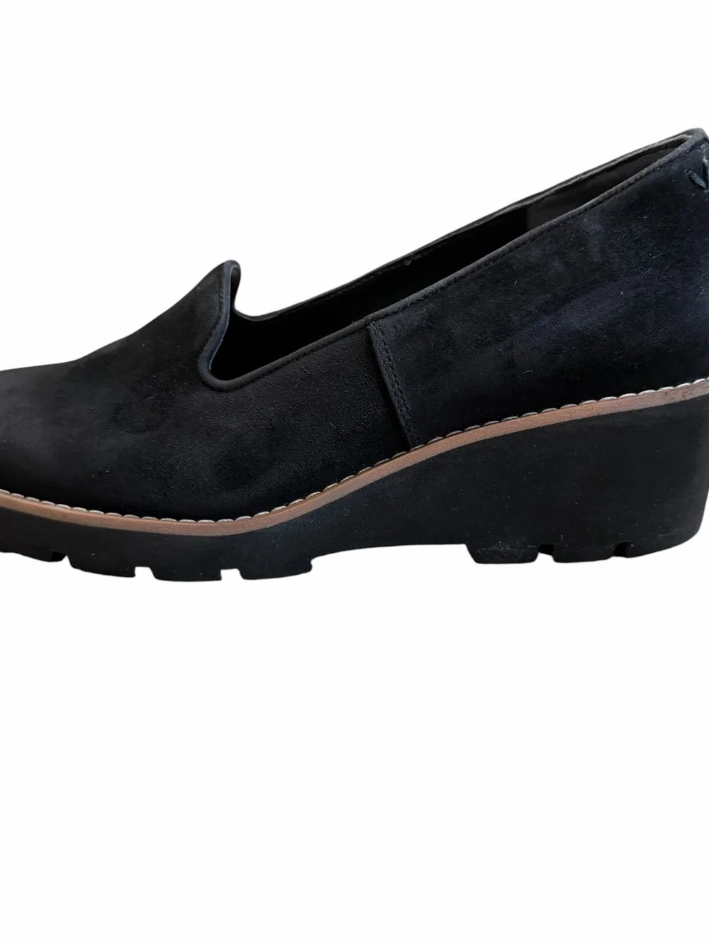 Vionic Willa Wedge Loafer Sz 9 Black Suede Slip On Business Casual Comfort Shoes